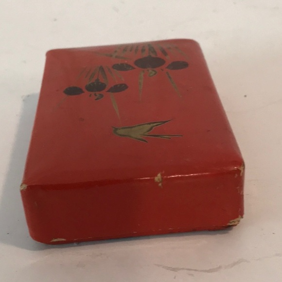 Japanese Lacquer BOX w/Paper Mache Floral Hand Painted Box Orange W/ Gold Bird - Picture 5 of 12